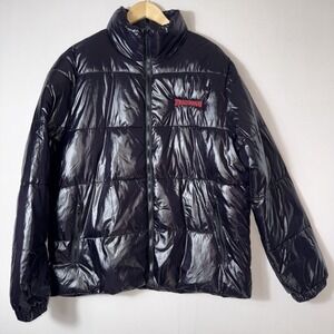 Spalding Puffer Jacket Mens Large Black Shiny Quilted Nylon Full Zip Logo NWT‎
